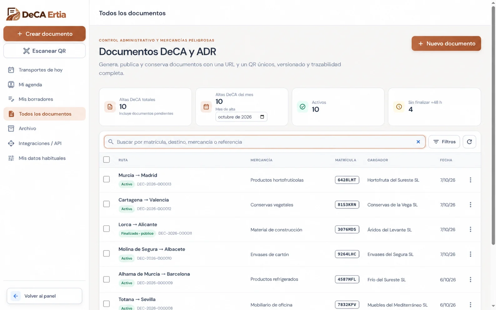 DECA en escritorio: listado de transportes