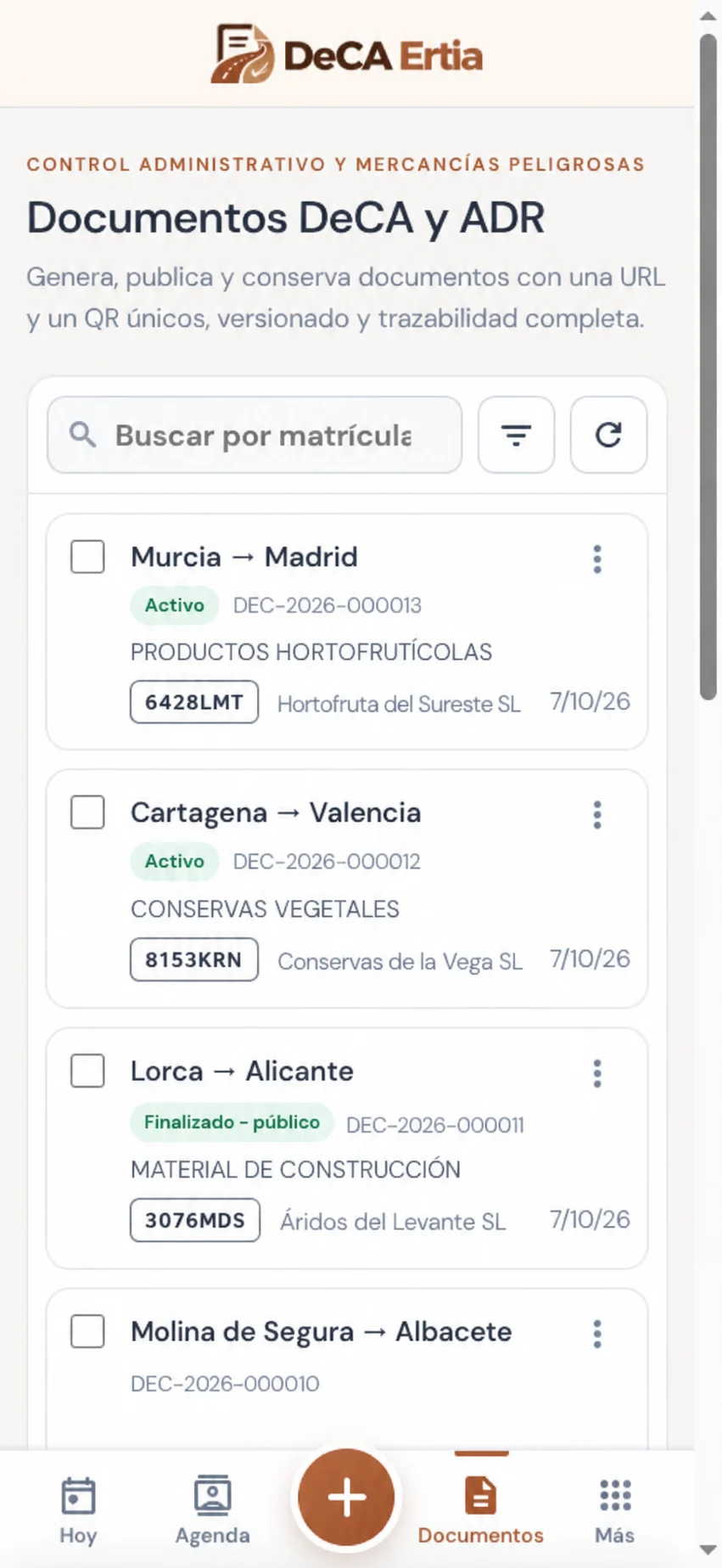 DECA en móvil: documentos con ruta, matrícula y estado