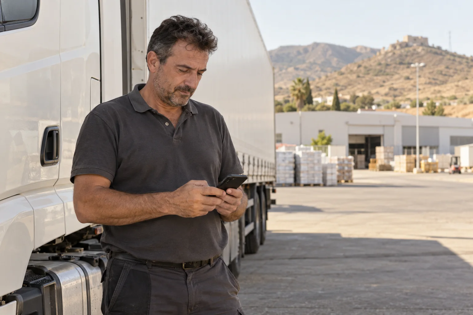 Conductor consultando su móvil junto a un camión estacionado